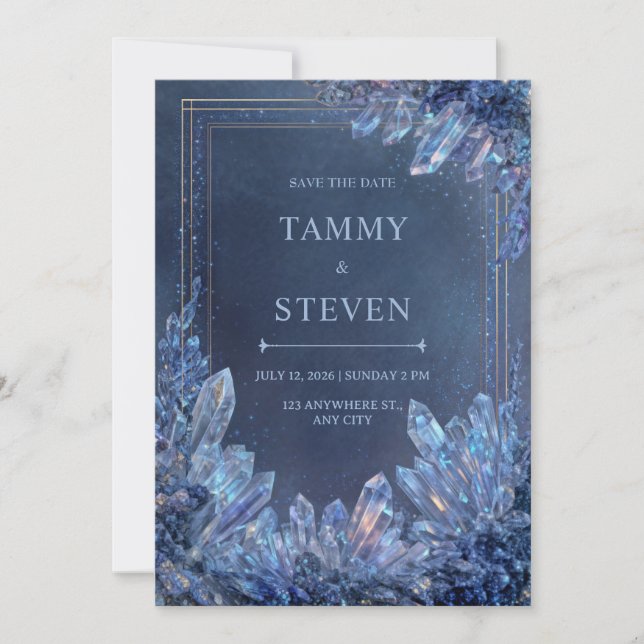 Luminous Blue Quartz Gilded Triple Frame Wedding Invitation (Front)