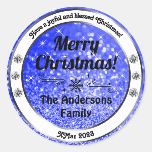 Luminous Blue Sparkle Glitter Christmas Labels