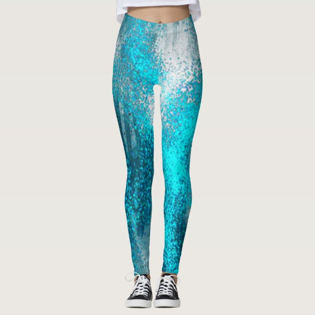 Luminous Blue Sparkles Splatters Leggings (Front)