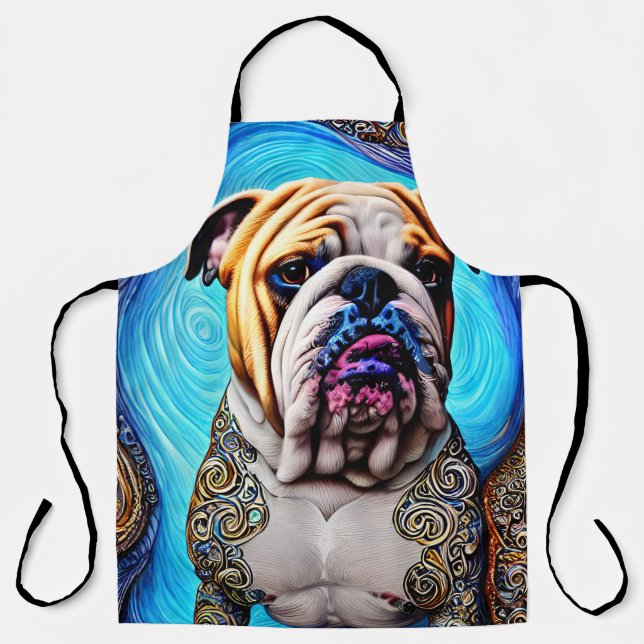 Luminous Bulldog Blue Ocean Wave Pointillism Apron (Front)