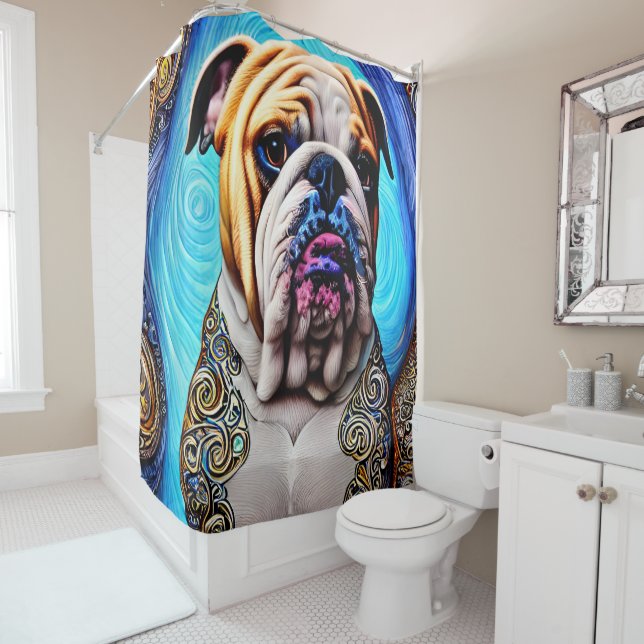 Luminous Bulldog Blue Ocean Wave Pointillism Shower Curtain (In Situ)