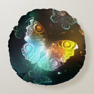 Luminous Butterfly and Night butterflies Round Cushion