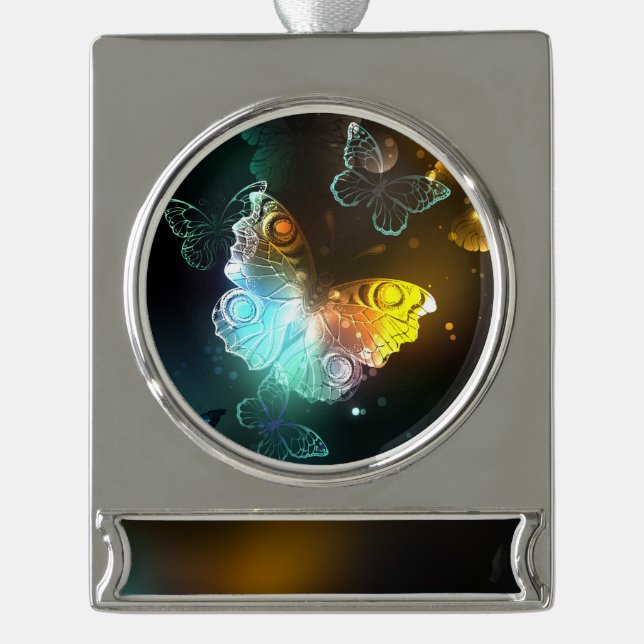 Luminous Butterfly and Night butterflies Silver Plated Banner Ornament (Front)
