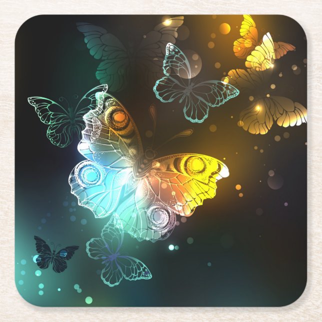 Luminous Butterfly and Night butterflies Square Paper Coaster (Front)