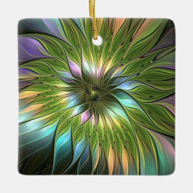 Luminous Colorful Fantasy Flower Fractal Square Ceramic Ornament (Front)