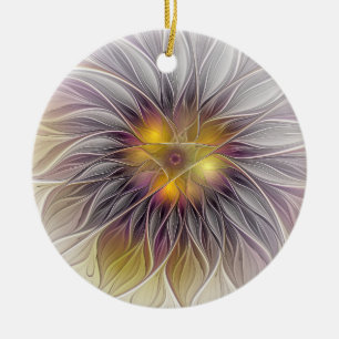 Luminous Colorful Flower, Abstract Modern Fractal Ceramic Ornament