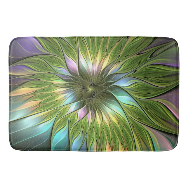 Luminous Colourful Fantasy Flower Fractal Art Bath Mat (Front)