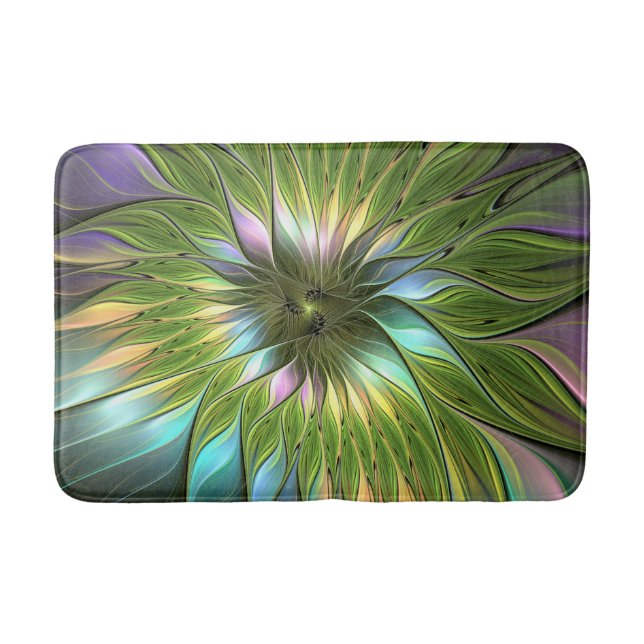 Luminous Colourful Fantasy Flower Fractal Art Bath Mat (Front)