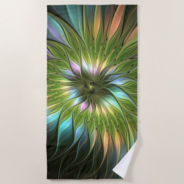 Luminous Colourful Fantasy Flower Fractal Art Beach Towel (Front)