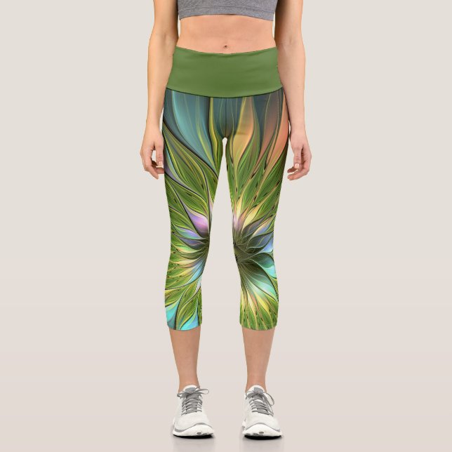 Luminous Colourful Fantasy Flower Fractal Art Capri Leggings (Front)