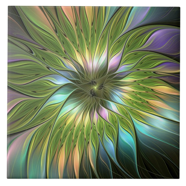 Luminous Colourful Fantasy Flower Fractal Art Ceramic Tile (Front)