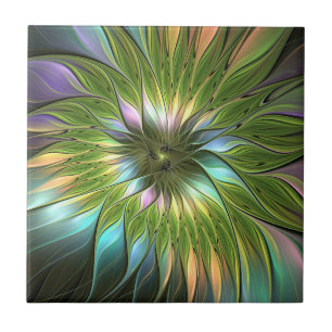 Luminous Colourful Fantasy Flower Fractal Art Ceramic Tile