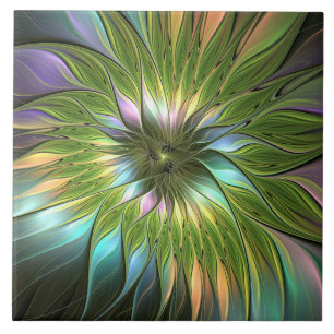 Luminous Colourful Fantasy Flower Fractal Art Ceramic Tile