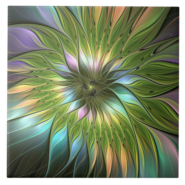 Luminous Colourful Fantasy Flower Fractal Art Ceramic Tile (Front)