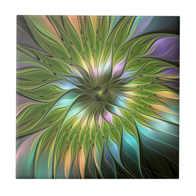Luminous Colourful Fantasy Flower Fractal Art Ceramic Tile (Front)