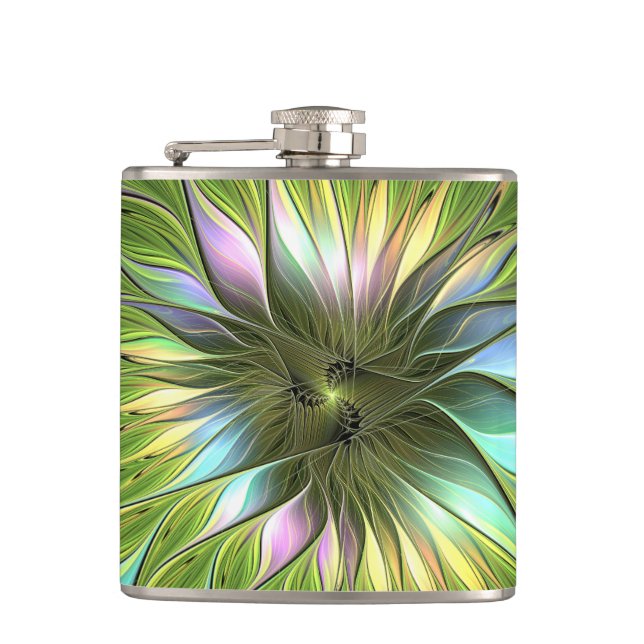 Luminous Colourful Fantasy Flower Fractal Art Hip Flask (Front)