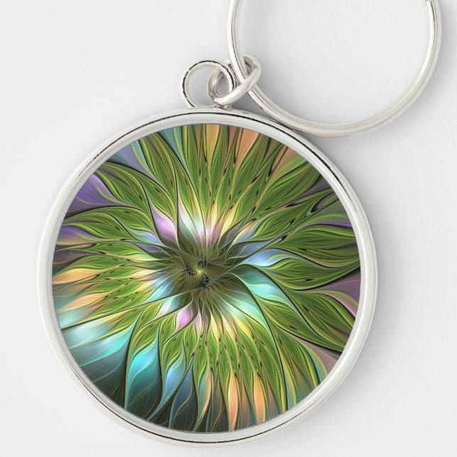 Luminous Colourful Fantasy Flower Fractal Art Key Ring (Front)