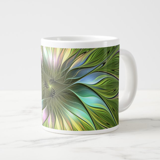 Luminous Colourful Fantasy Flower Fractal Art Large Coffee Mug (Front Right)