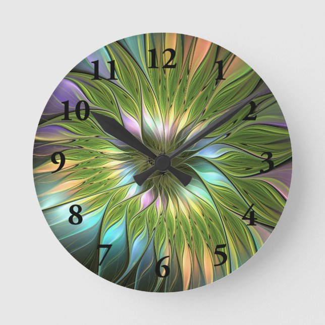 Luminous Colourful Fantasy Flower Fractal Art Round Clock (Front)