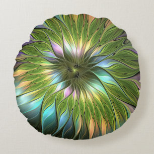 Luminous Colourful Fantasy Flower Fractal Art Round Cushion
