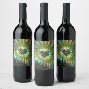 Luminous Colourful Fantasy Flower Fractal Art Wine Label