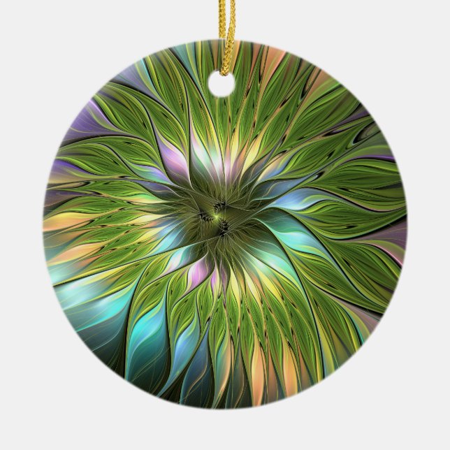 Luminous Colourful Fantasy Flower Fractal Circle Ceramic Ornament (Front)