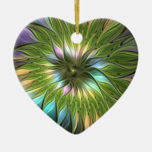 Luminous Colourful Fantasy Flower Fractal Heart Ceramic Ornament