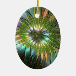 Luminous Colourful Fantasy Flower Fractal Oval Ceramic Ornament