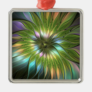 Luminous Colourful Fantasy Flower Fractal Square Metal Ornament