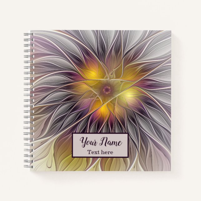 Luminous Colourful Flower, Abstract Fractal Name Notebook (Front)