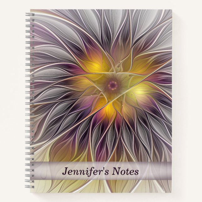 Luminous Colourful Flower, Abstract Fractal Name Notebook (Front)