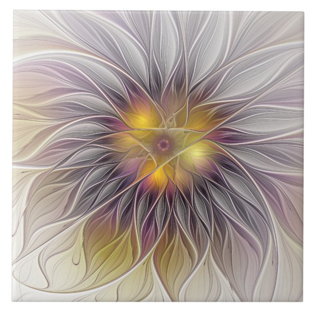 Luminous Colourful Flower, Abstract Modern Fractal Ceramic Tile (Front)