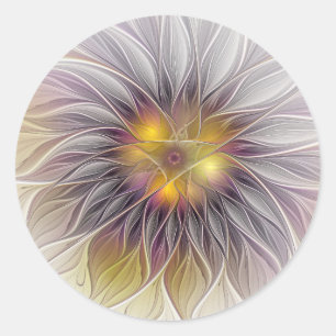 Luminous Colourful Flower, Abstract Modern Fractal Classic Round Sticker