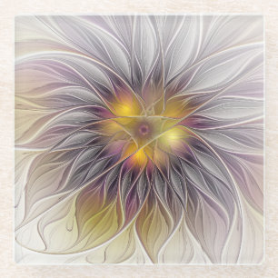 Luminous Colourful Flower, Abstract Modern Fractal Glass Coaster