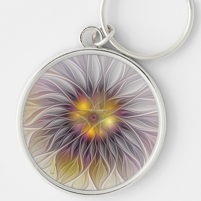 Luminous Colourful Flower, Abstract Modern Fractal Key Ring (Front)