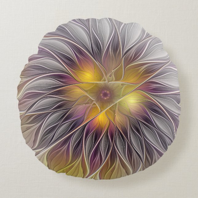 Luminous Colourful Flower, Abstract Modern Fractal Round Cushion (Front)