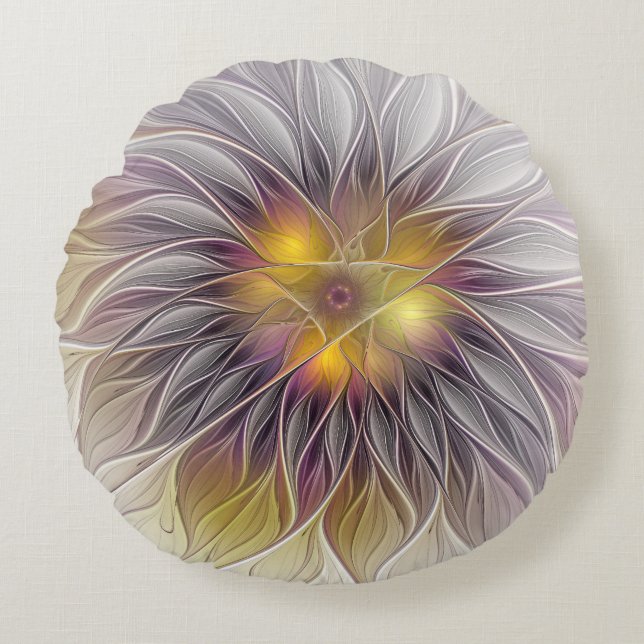 Luminous Colourful Flower, Abstract Modern Fractal Round Cushion (Front)