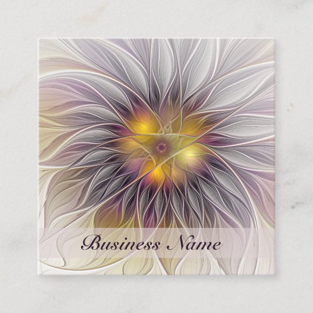 Luminous Colourful Flower, Abstract Modern Fractal Square Business Card (Front)