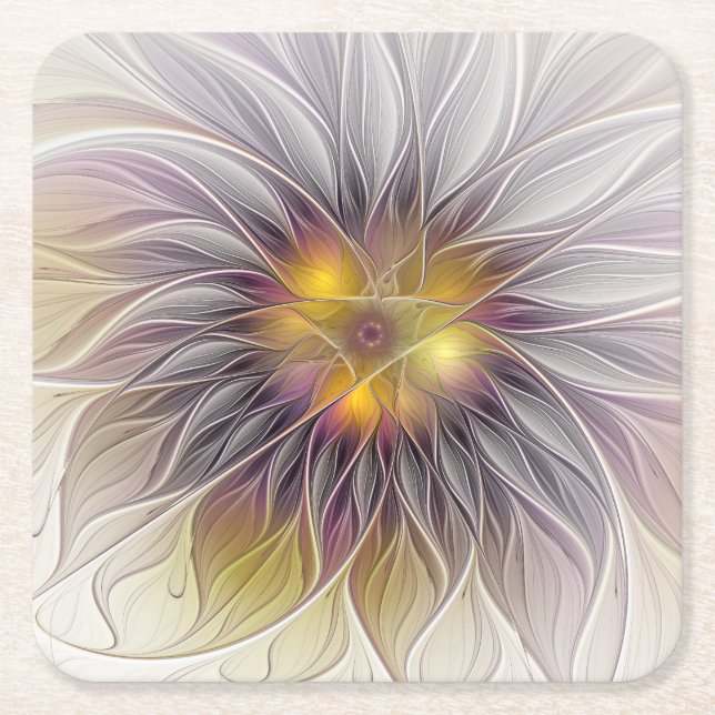 Luminous Colourful Flower, Abstract Modern Fractal Square Paper Coaster (Front)