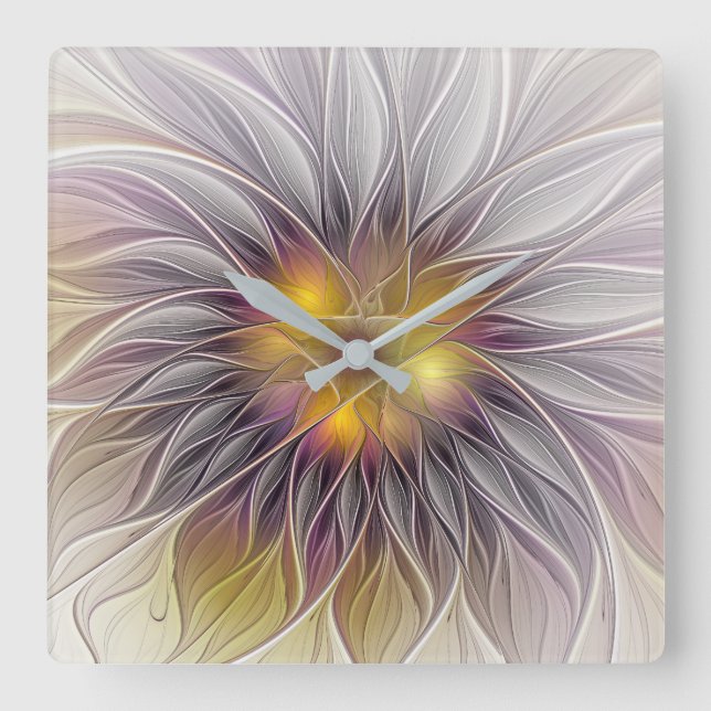 Luminous Colourful Flower, Abstract Modern Fractal Square Wall Clock (Front)