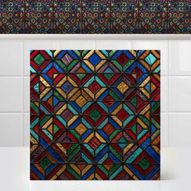 Luminous Diamond Pattern Matrix Cathedral Glass Ceramic Tile (Antique Colorful Geometric Luminous Diamond Pattern Matrix Cathedral Glass Ceramic Tile)