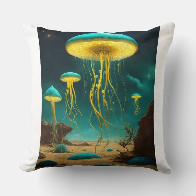 "Luminous Elegance: Jellyfish on Pale Black" Cushion (Front)