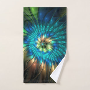 Luminous Fantasy Flower, Colorful Abstract Fractal Hand Towel