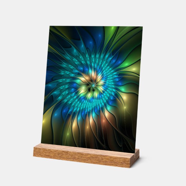 Luminous Fantasy Flower, Colourful Abstract Fracta Acrylic Sign (Angle)