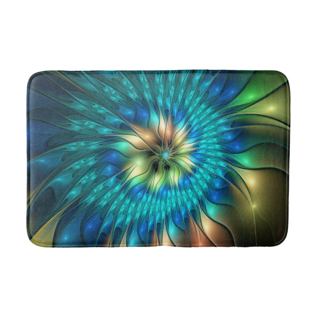 Luminous Fantasy Flower, Colourful Abstract Fracta Bath Mat (Front)