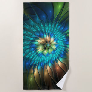 Luminous Fantasy Flower, Colourful Abstract Fracta Beach Towel