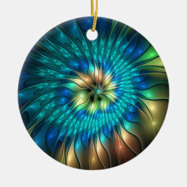 Luminous Fantasy Flower, Colourful Abstract Fracta Ceramic Ornament (Front)