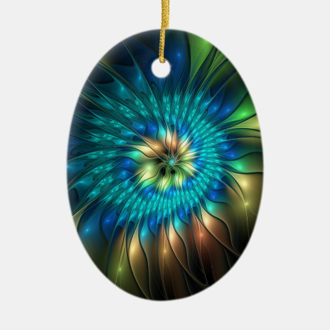 Luminous Fantasy Flower, Colourful Abstract Fracta Ceramic Ornament (Front)