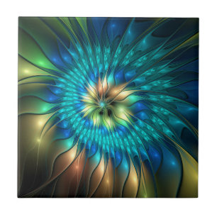 Luminous Fantasy Flower, Colourful Abstract Fracta Ceramic Tile