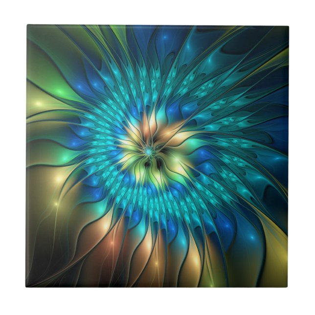 Luminous Fantasy Flower, Colourful Abstract Fracta Ceramic Tile (Front)